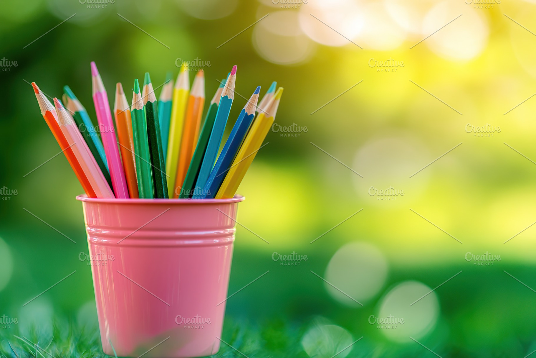 Wooden colorful rainbow pencils in bucket on green grass, a School & Education Photo by AlyaAnd