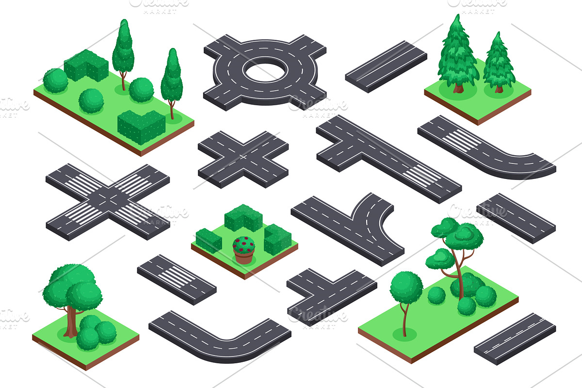 Isometric road and nature elements, a Work Illustration by Frogella