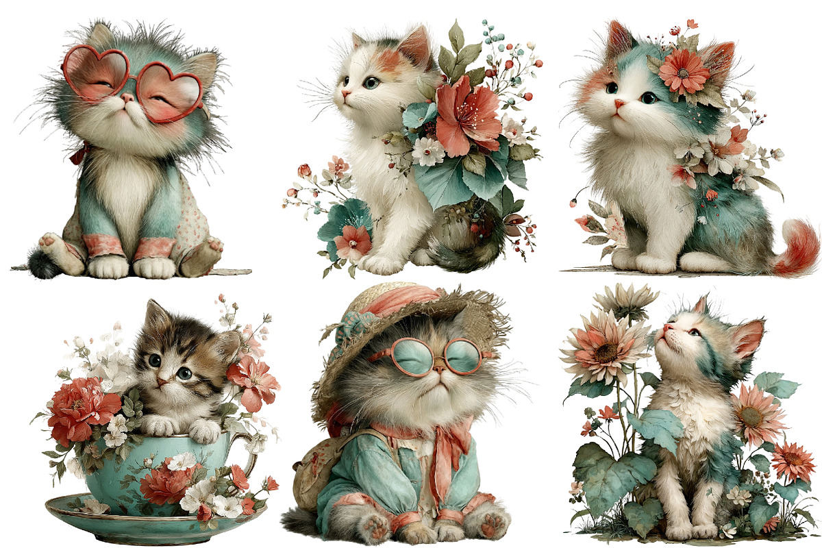 Whimsical Summer Cats Clipart, an Illustration by DreamArtGraphic (Photo 3 of 5)