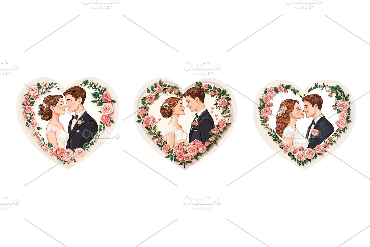 Cartoon floral hearts with newlyweds, a Person Illustration by Stock-Smart-Start