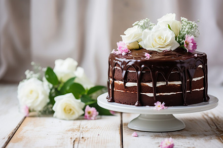 Chocolate cake with flowers on cake stand on white wooden table, a Food & Drink Photo by AlyaAnd