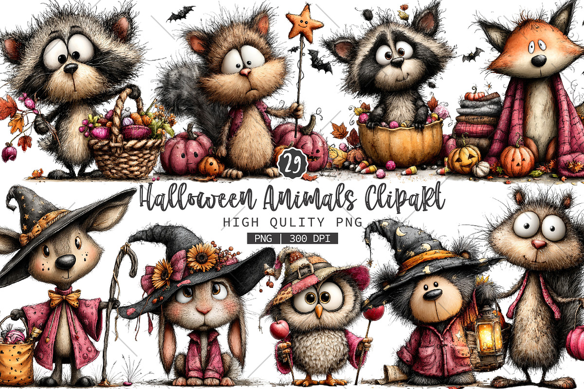 Whimsical Halloween Animals Clipart, a Seasonal Illustration by OK Design (Photo 1 of 6)