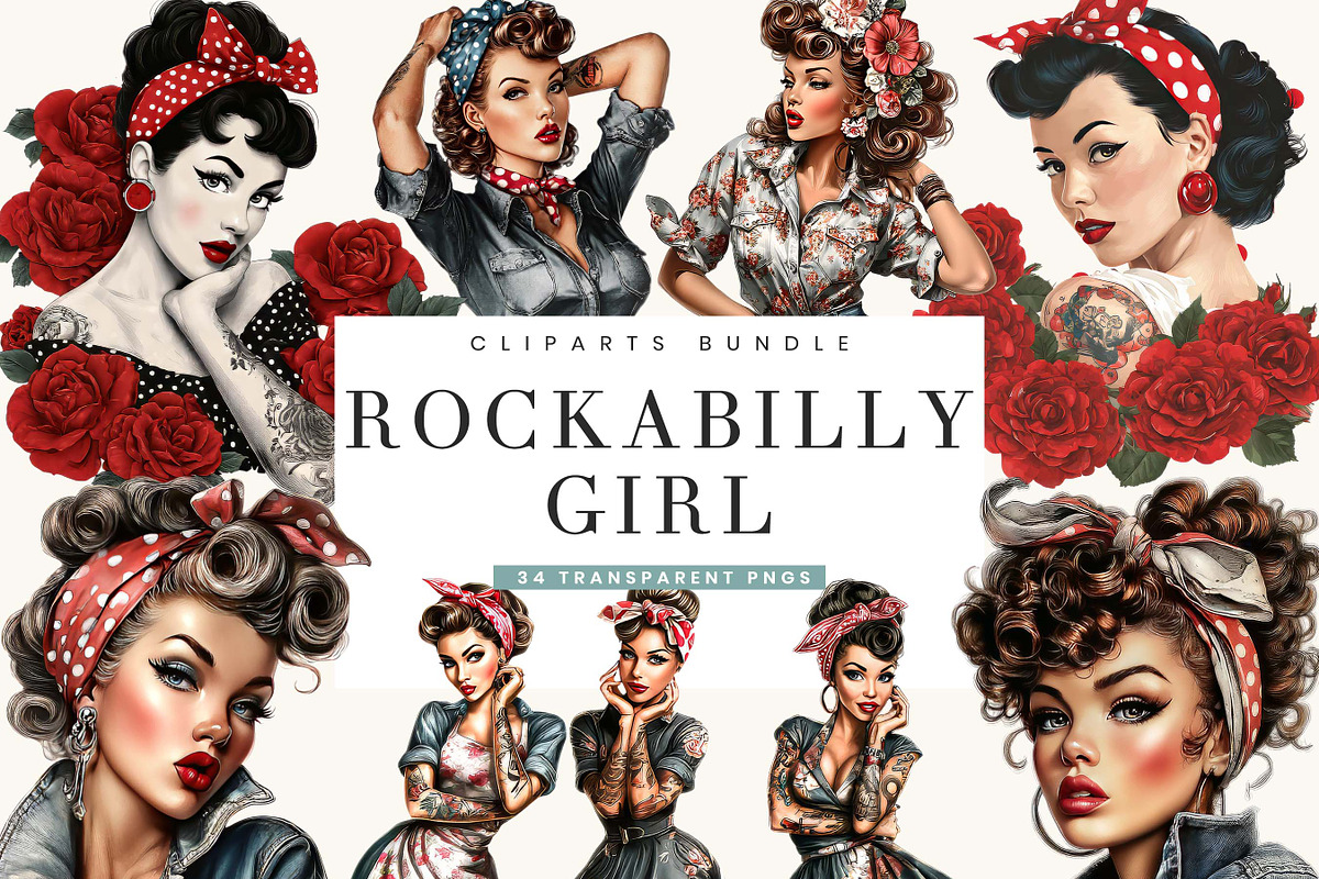 Rockabilly Girl Clipart Bundle, a Person Illustration by BusyDaydesign (Photo 1 of 9)