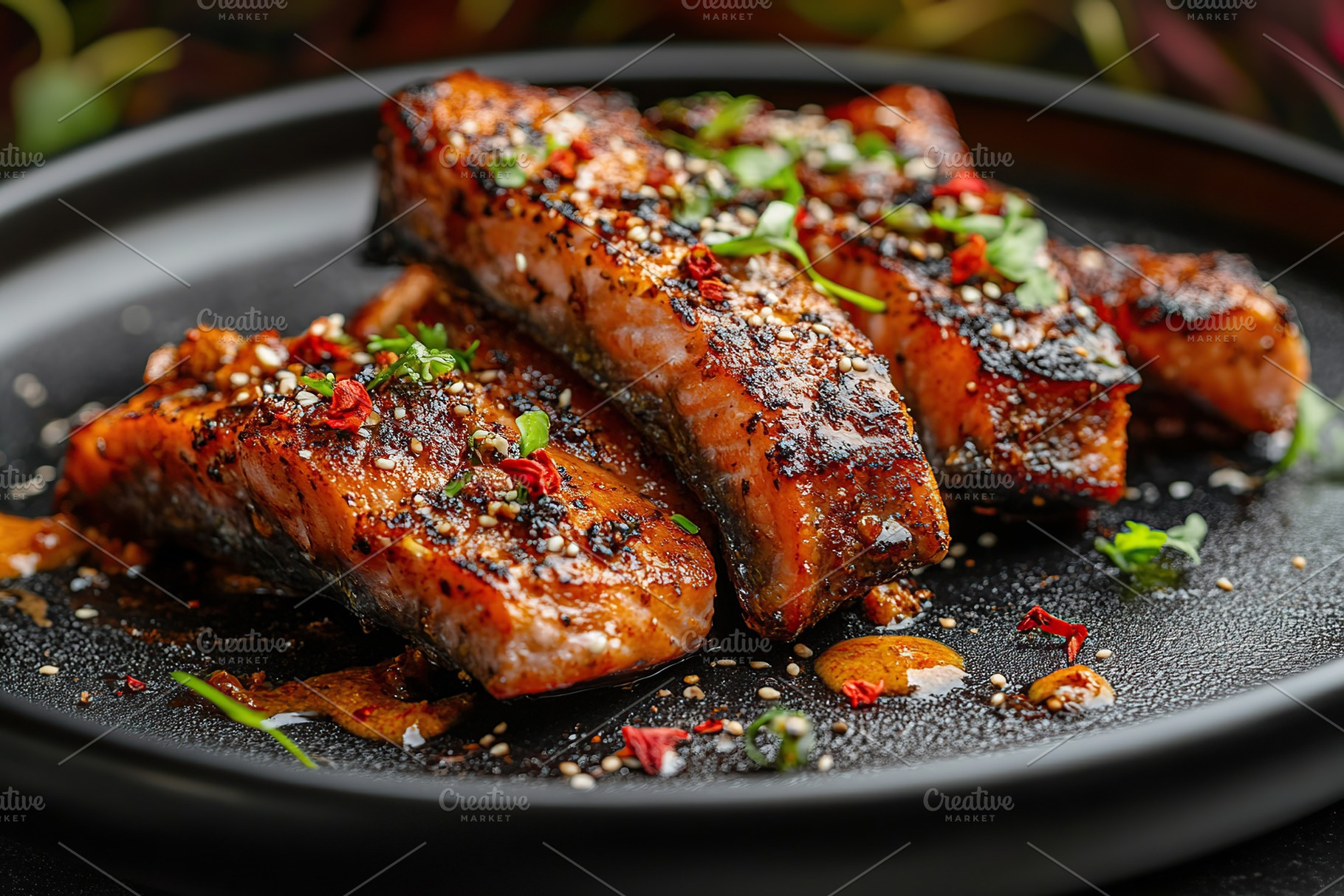 Tasty grilled salmon with spices on plate, a Food & Drink Photo by AlyaAnd