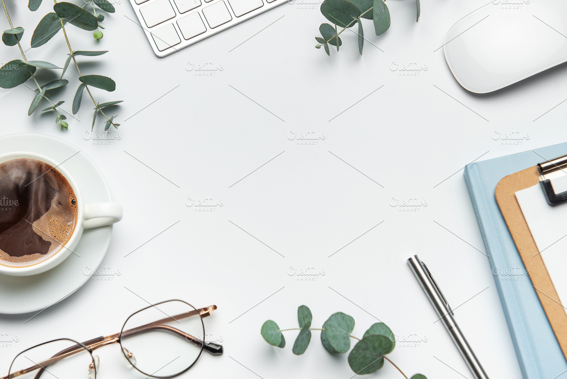 Eucalyptus branches, coffee, keyboard, and mouse framing white d, a Business Photo by Olena Rudo