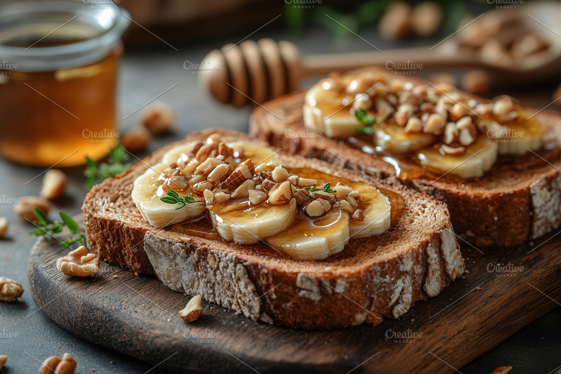 Delicious brown bread topped with ba, a Photo by Tanuart