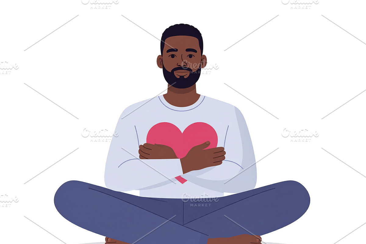 Man sitting cross-legged and holding a heart icon with his hands, a Healthcare Illustration by DanFLCreativo