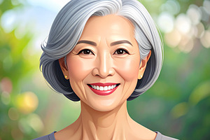 Mature asian woman with short silver hair and a radiant smile, a Person Photo by DanFLCreativo