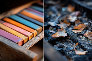 Colorful chalks contrast with charred remains in a weathered wooden drawer, a Photo by AlyaAnd
