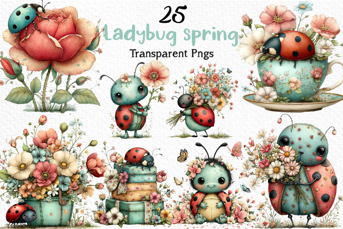 Whimsical Ladybug Spring Set Clipart, an Illustration by Craft Nest (Photo 1 of 12)