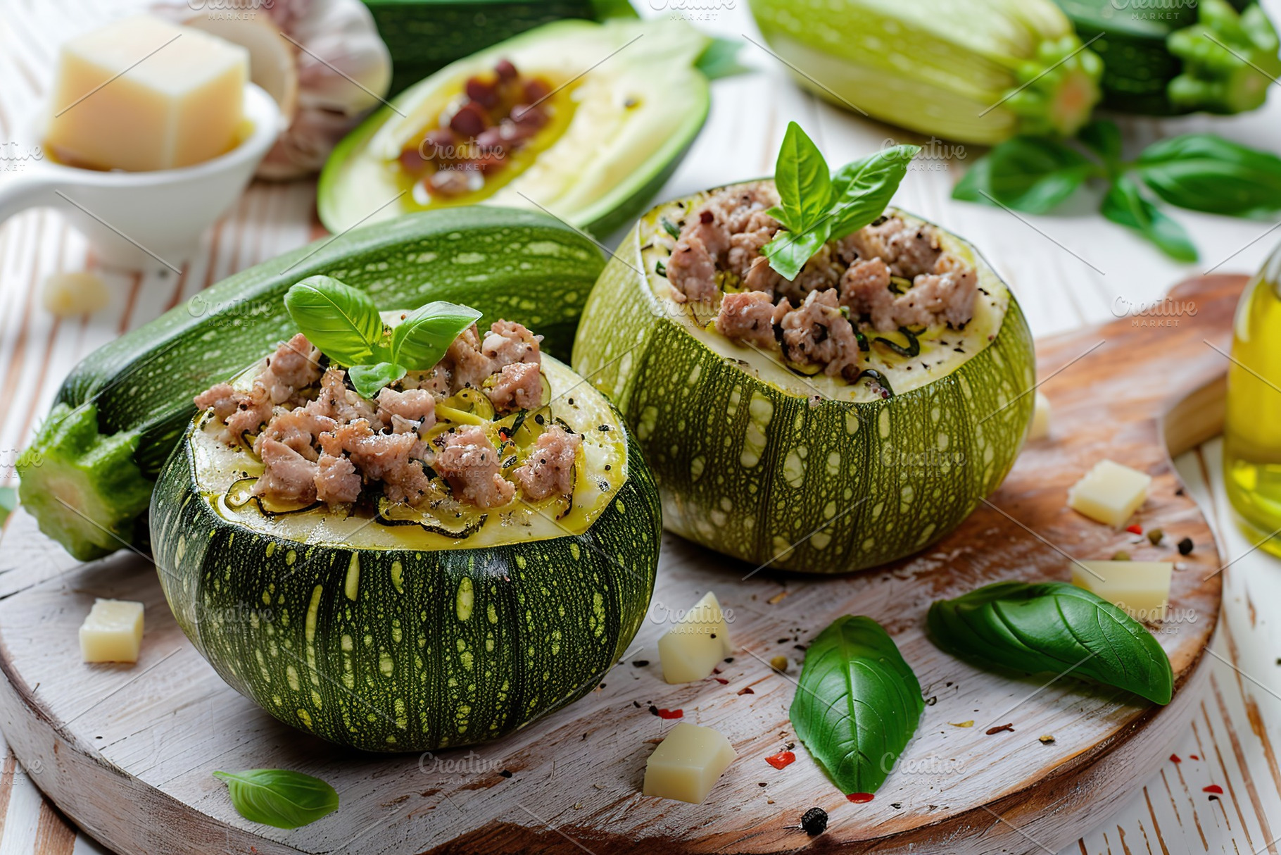 Zucchini stuffed with cheese and meat on wooden background, a Food & Drink Photo by AlyaAnd