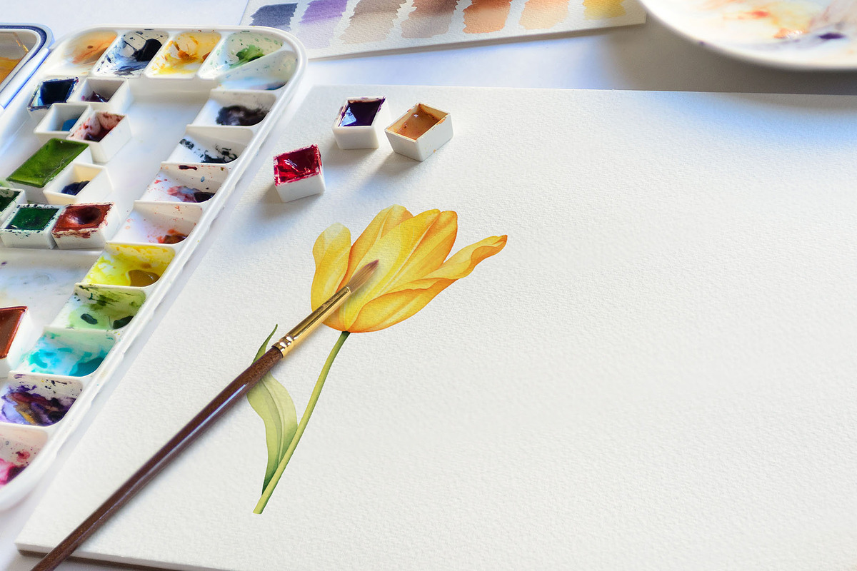 Watercolor Yellow Tulip Vector Set, a Decorative Illustration by Deckar_art (Photo 4 of 4)
