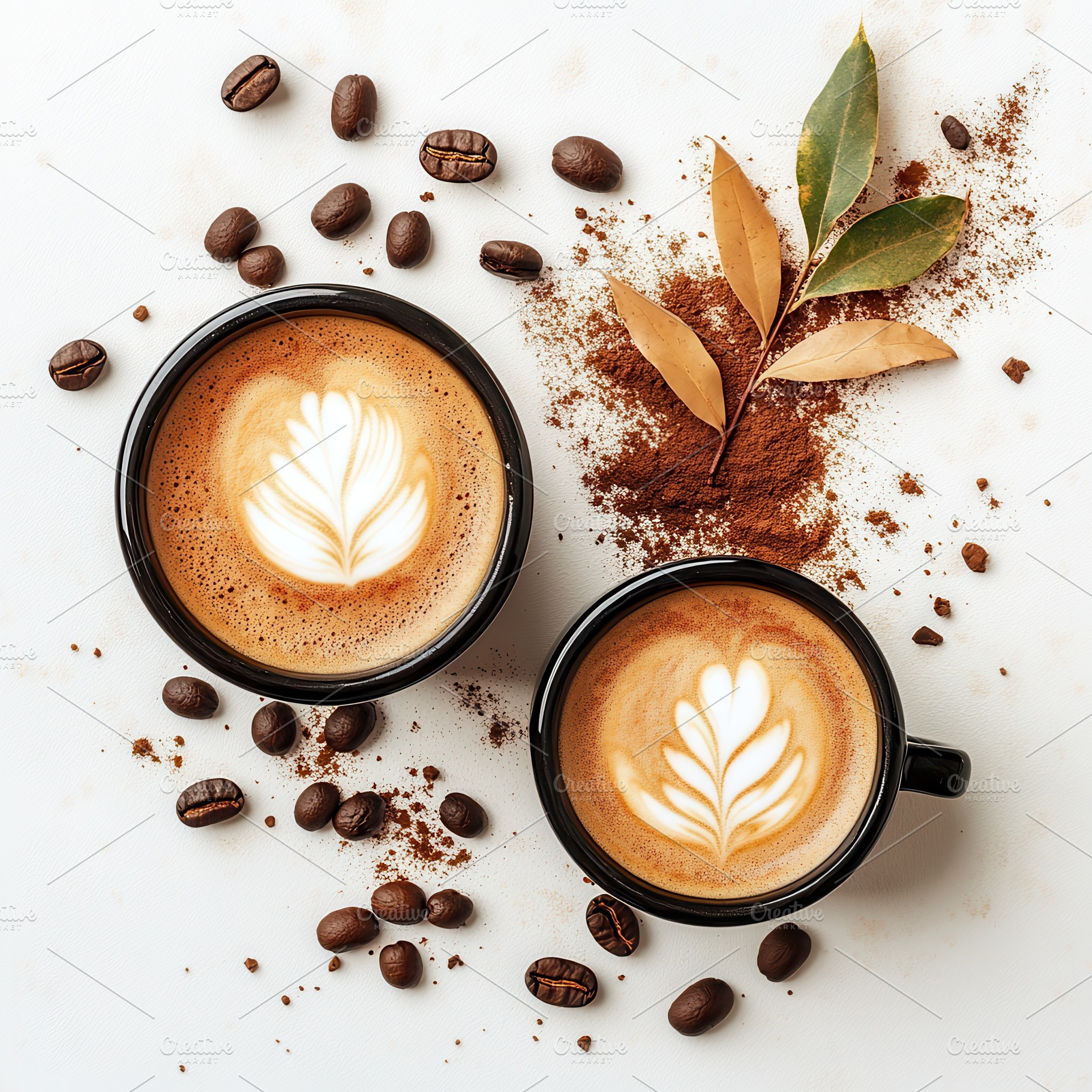 Two Latte Cups Coffee Beans Cocoa Po, a Food & Drink Photo by Pixeness Studio