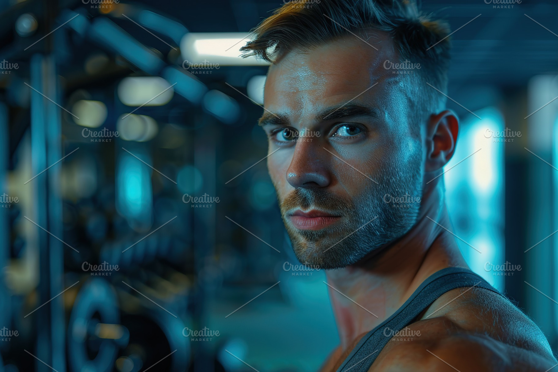 Young muscular man posing in the gym center, a Photo by AlyaAnd