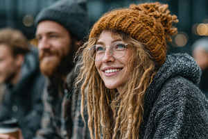 Smiling individuals enjoying outdoor time while drinking coffee during fall sea, a Photo by AS photostudio