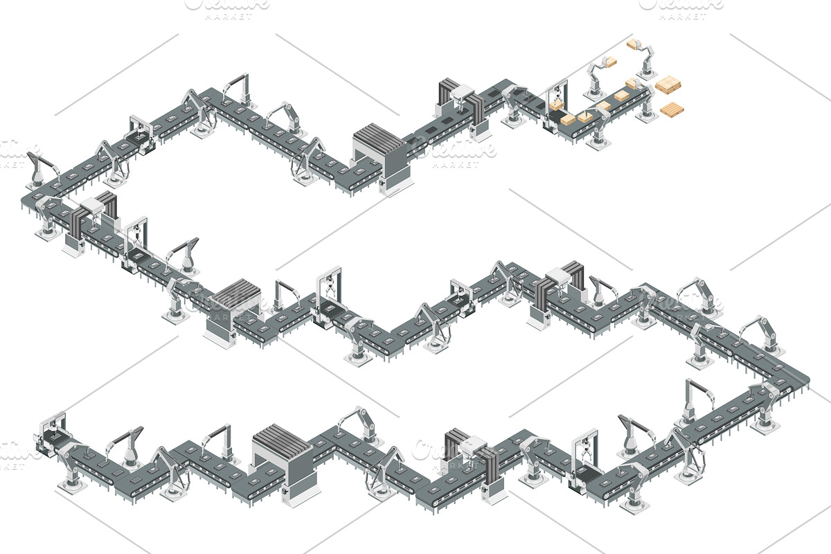 Conveyor belt and robot arms, a Technology Illustration by Yayasya