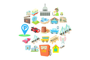 Burg Icons Set, Cartoon Style