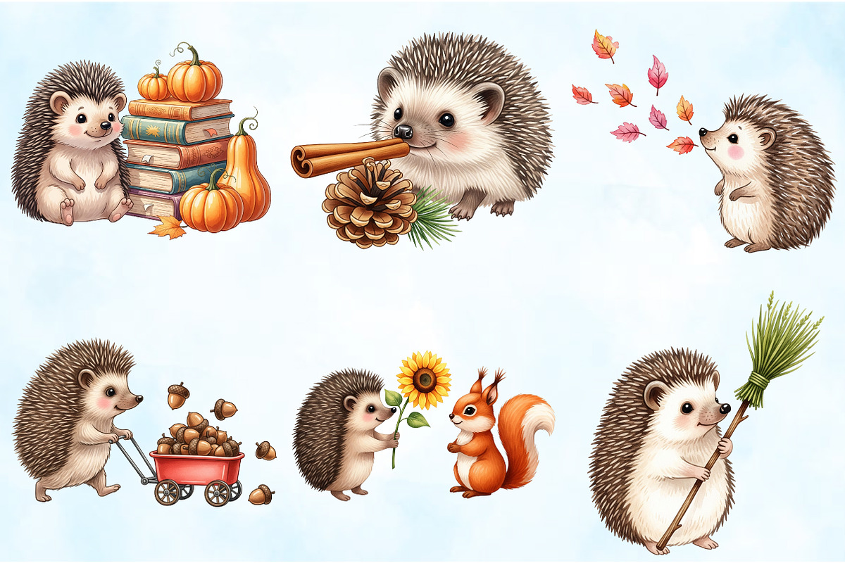 Watercolor Autumn Cute Hedgehog PNG, an Illustration by Craft Nest (Photo 3 of 9)