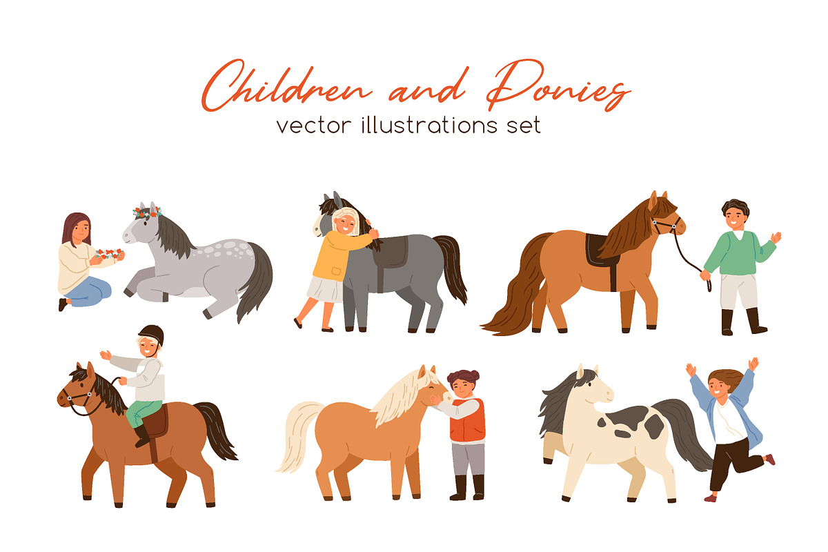 Cute children with ponies set, an Animal Illustration by Good Studio (Photo 1 of 7)