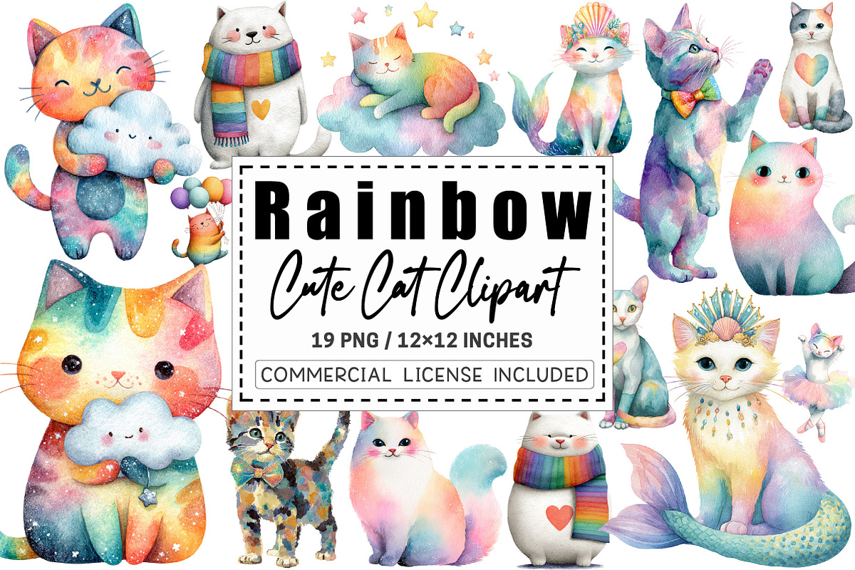 Adorable Rainbow Cute Cat Clipart., a Graphic by CitraGraphics (Photo 1 of 4)
