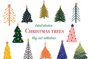 Hand drawn Christmas trees clipart