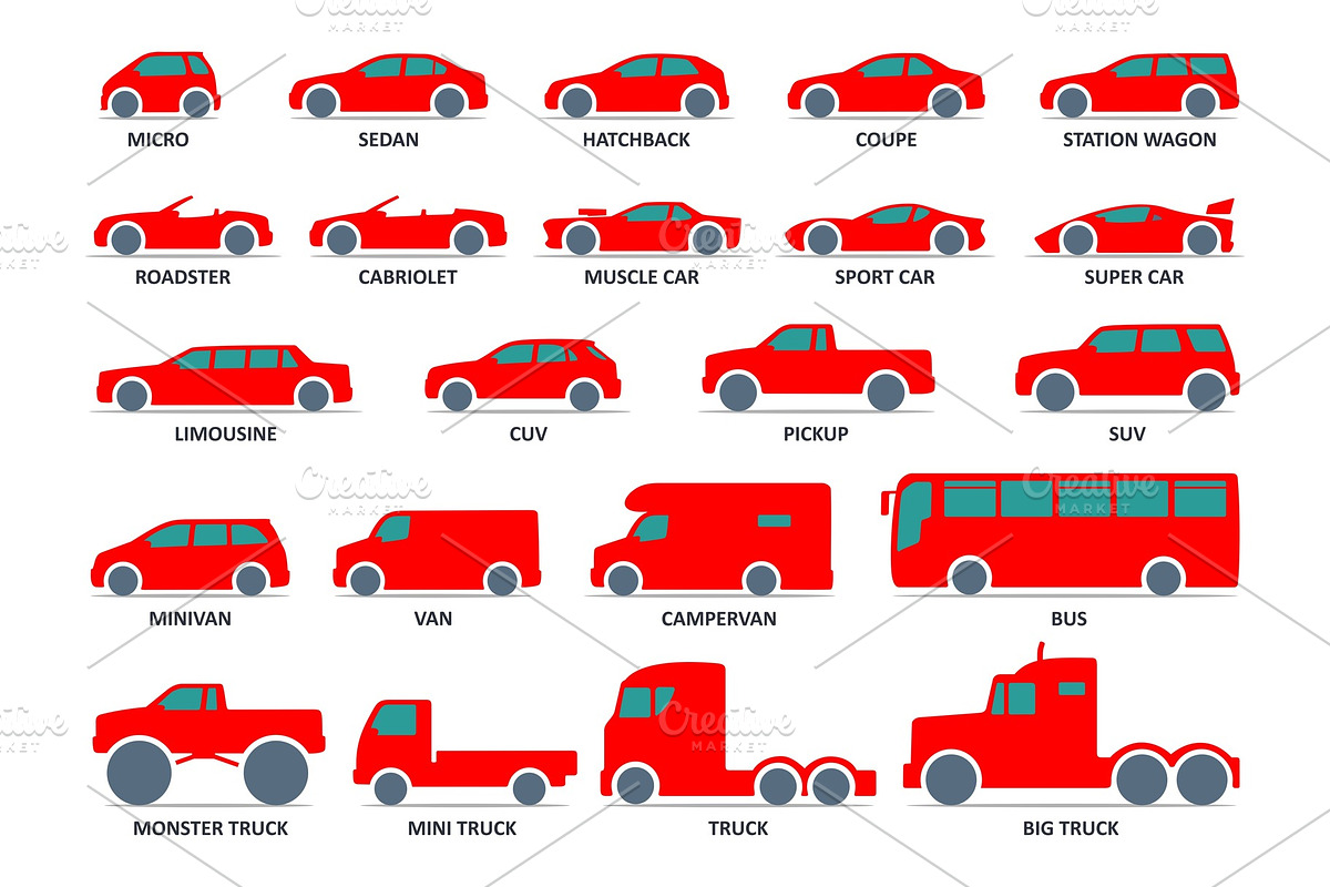 Car type icons set. Model automobile, an Object Illustration by MoreVector
