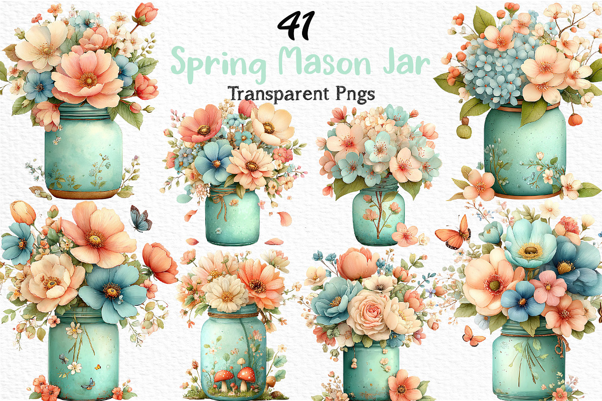 Watercolor Spring Mason Jar Clipart, an Illustration by Craft Nest (Photo 1 of 12)