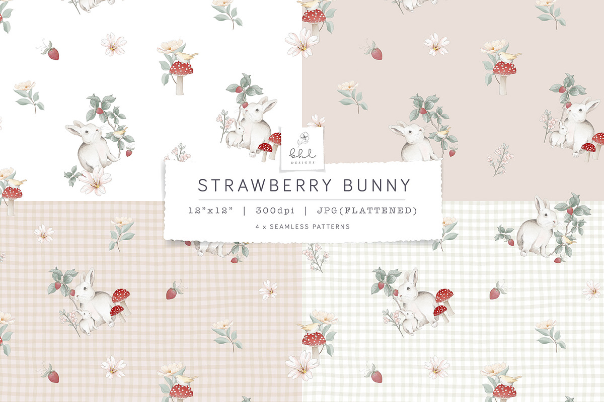 Cute Strawberry and Bunny Pattern, a Pattern Graphic by bhldesigns (Photo 1 of 4)