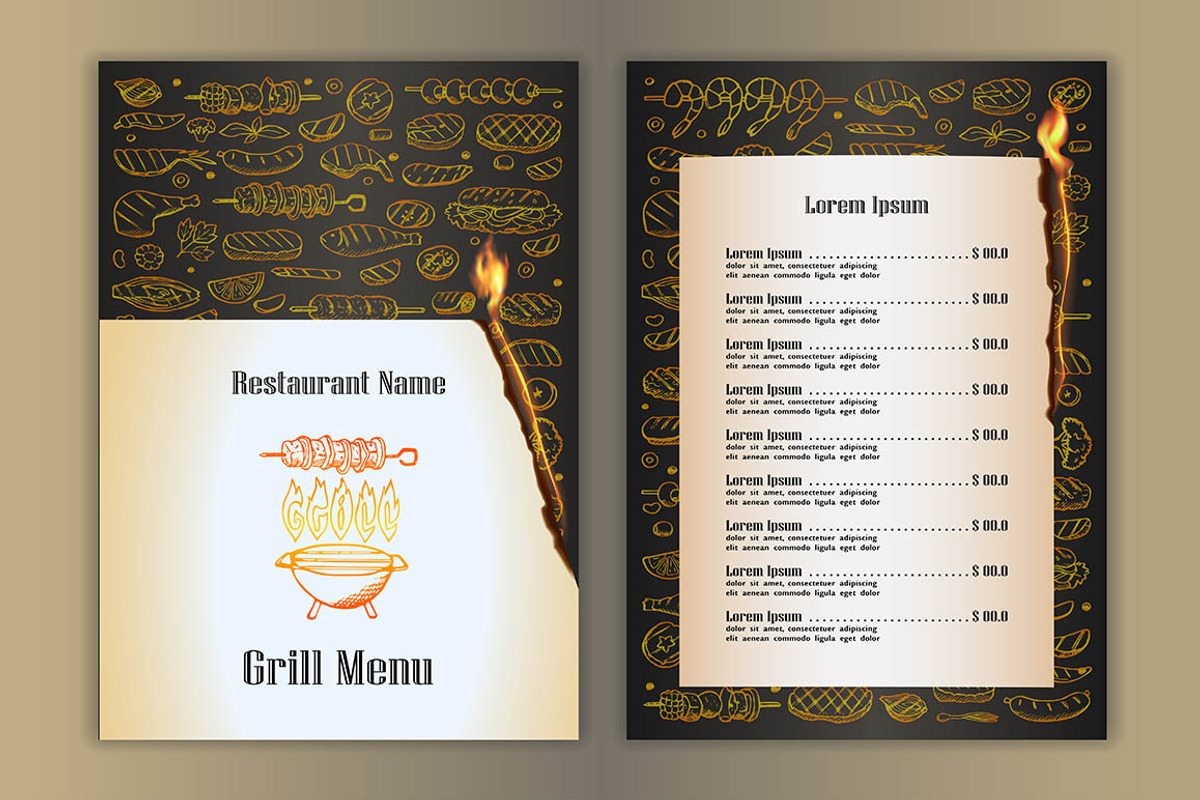 3 Fire Grill-BBQ Menus, a Product Mockup by Elena Lux