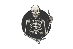 Skeleton Barber Engraving Vector