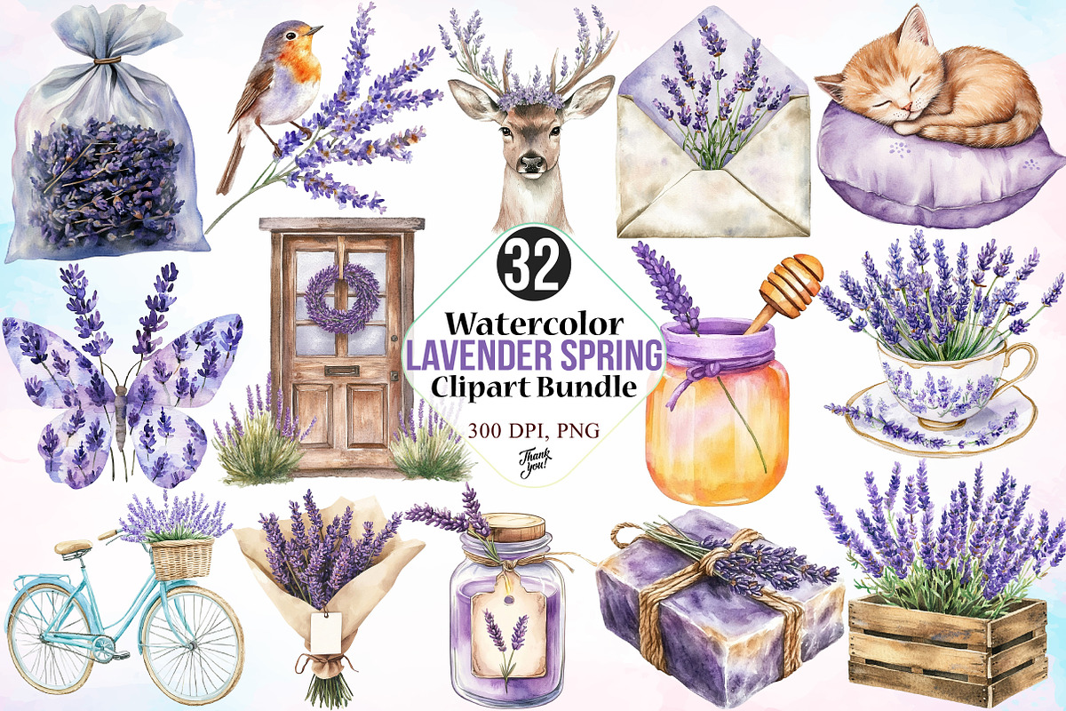 Watercolor Lavender Spring Clipart, an Illustration by Canvas Craft (Photo 1 of 3)