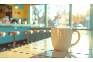 A steaming mug of coffee in a retro, a Food & Drink Photo by Igor Tichonow