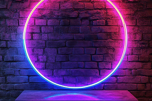 Neon Circle Light Brick Wall Backgro, an Abstract Photo by Pixeness Studio