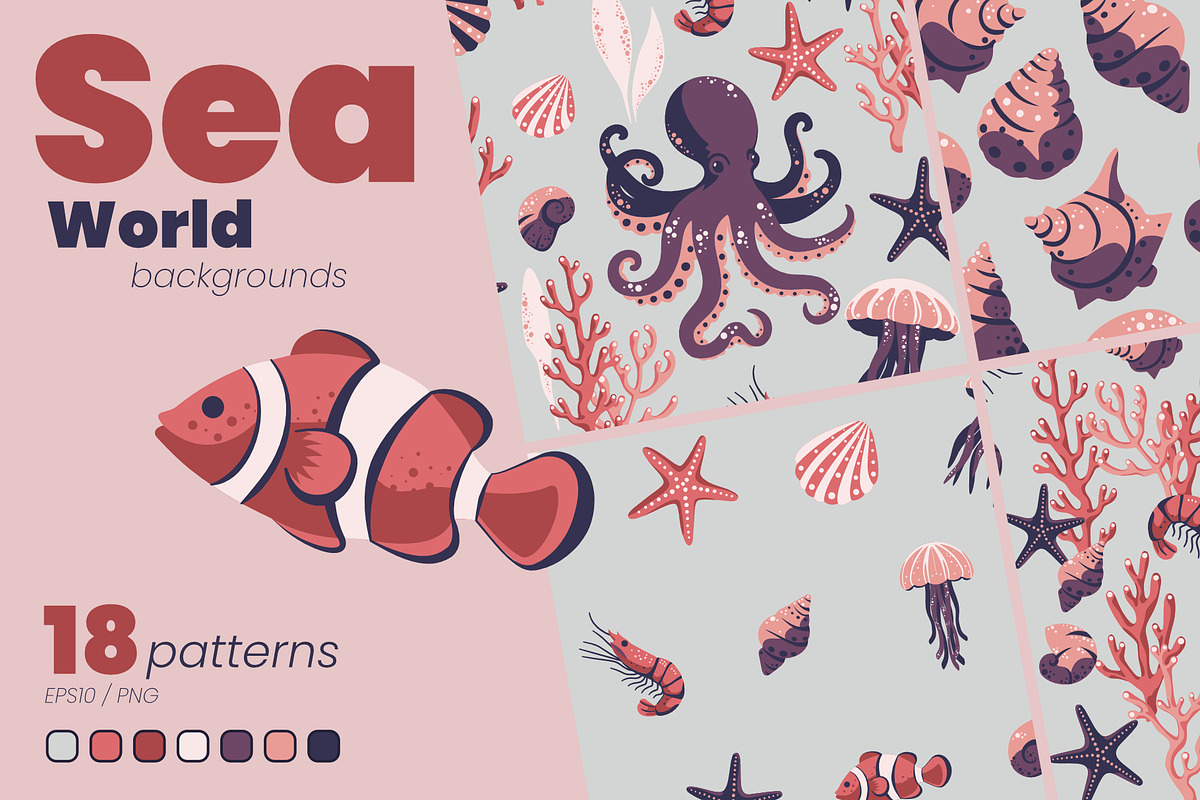 Sea World | 18 Seamless Patterns, a Background Graphic by Monika_J