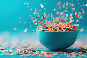 Multicolored cereal flakes splash out of a turquoise bowl in a bright setting, a Photo by AlyaAnd