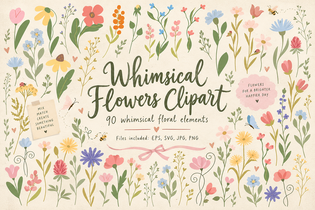 90 Whimsical Flowers Clipart, a Decorative Illustration by Anna Studio (Photo 1 of 12)