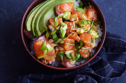 Poke bowl containing healthy, bowl, and salmon, a Food & Drink Photo by Asya Nurullina