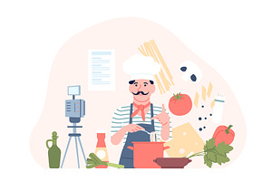 Italian chef cooking pasta, a Food Illustration by LadadikArt