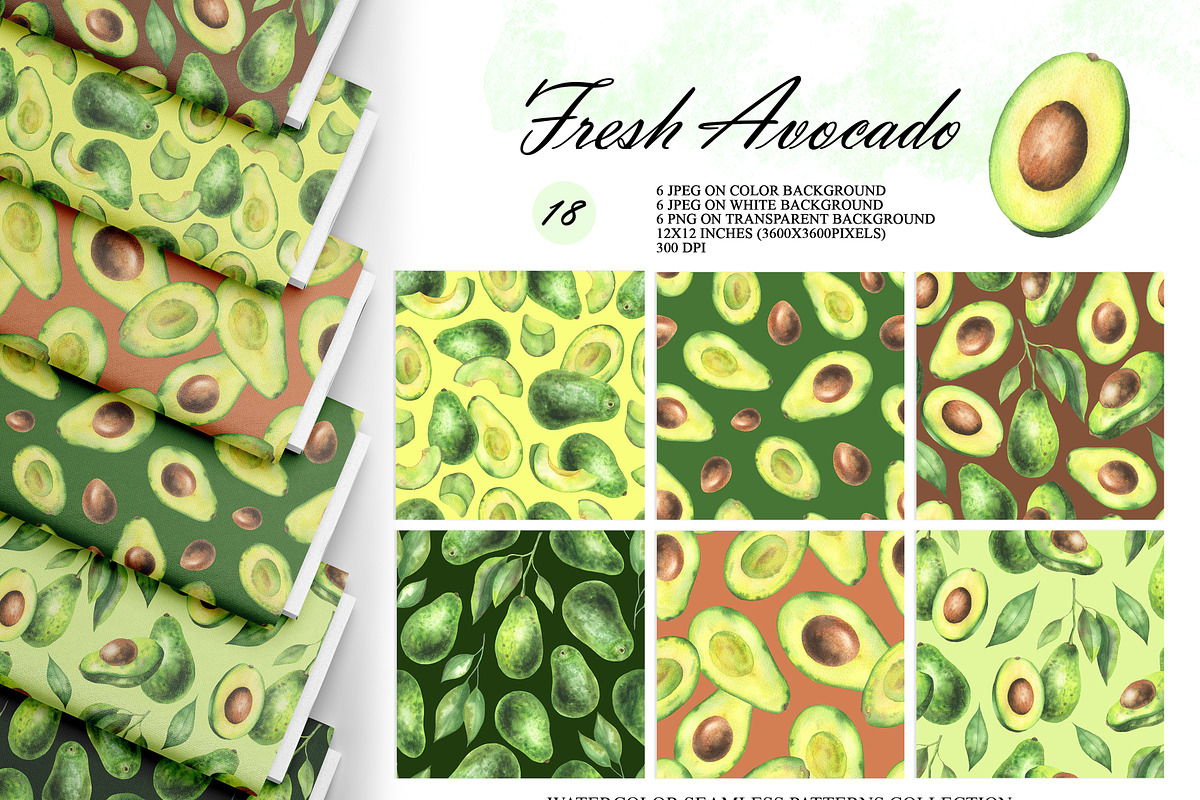 Watercolor Avocado Seamless Patterns, a Food Illustration by OlDm_Shop (Photo 1 of 10)