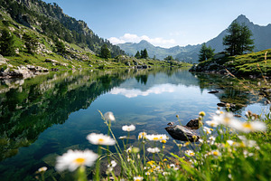 Serene alpine lake surrounded by lush green hills under a clear blue sky, a Photo by AlyaAnd