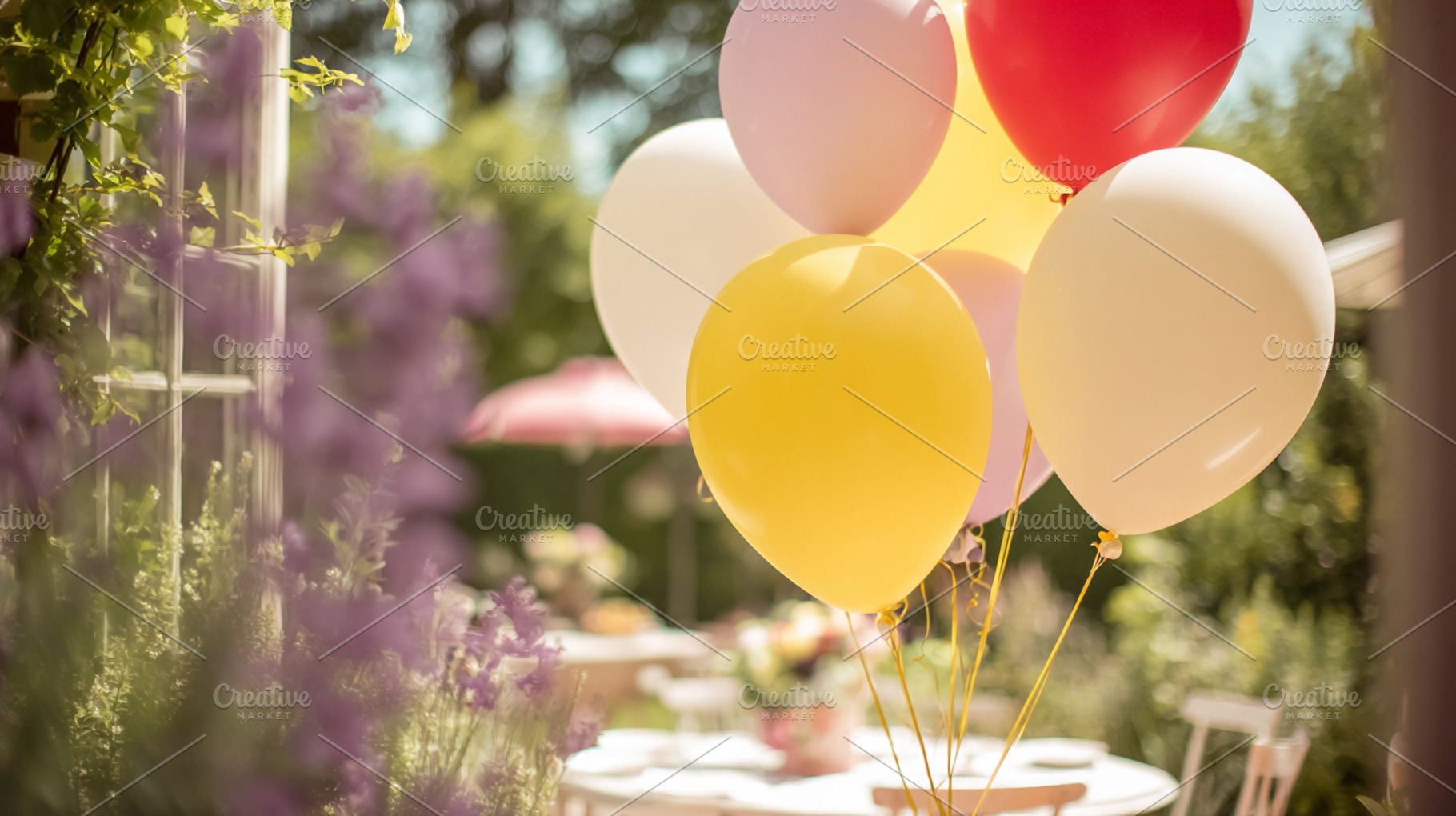 Colorful balloons floating at an outdoor garden party, creating, a Photo by Studio ANNA