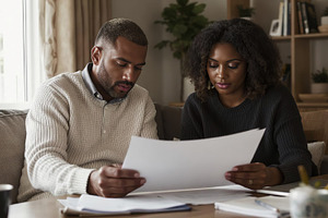 Young couple reviewing financial doc, a Business Photo by Perpis