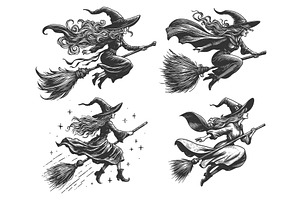 flying witch on broomstick set, a Person Illustration by AlexArt
