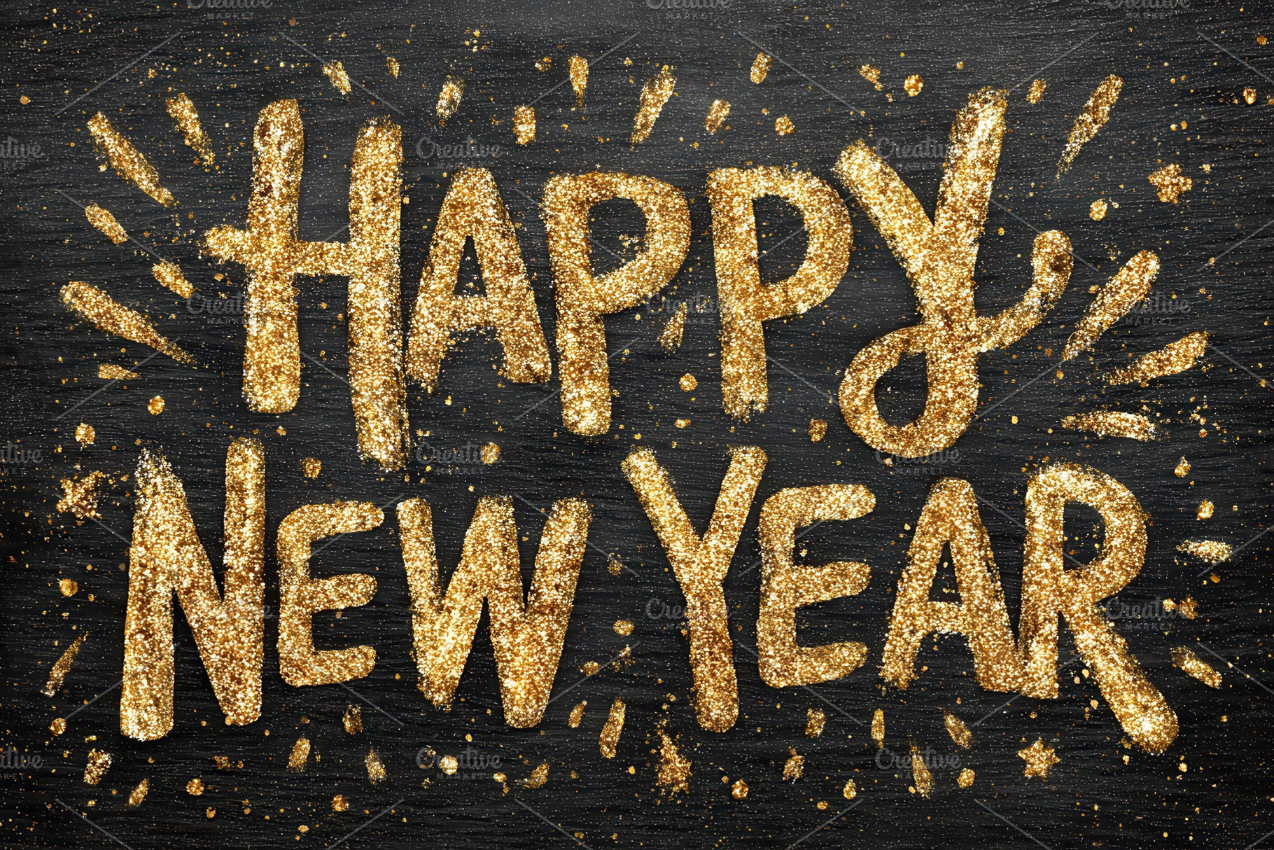 Glittery Golden Happy New Year greet, a Photo by Pixeness Studio