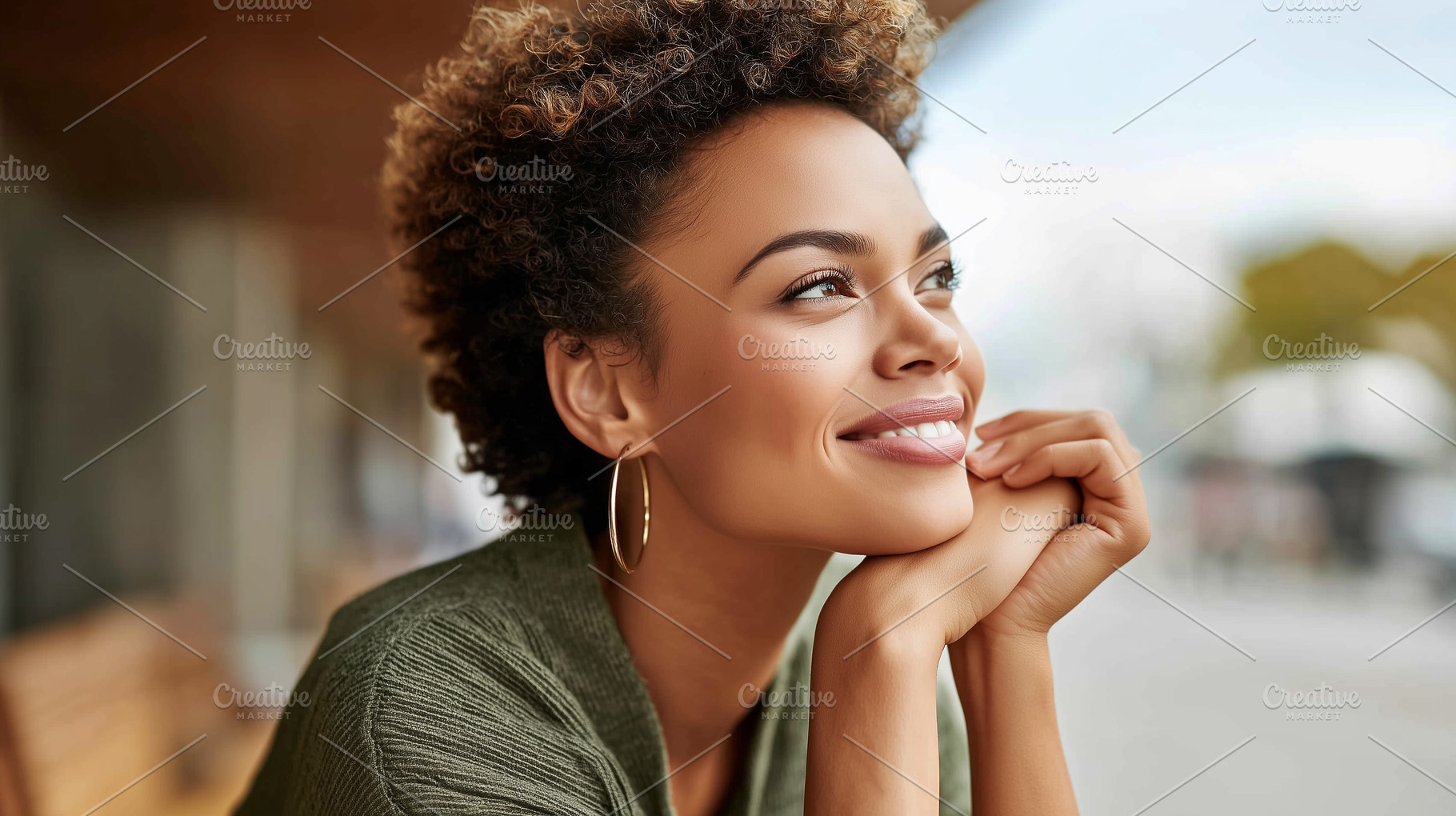 Smiling young woman with curly hair, a Person Photo by MistyDay