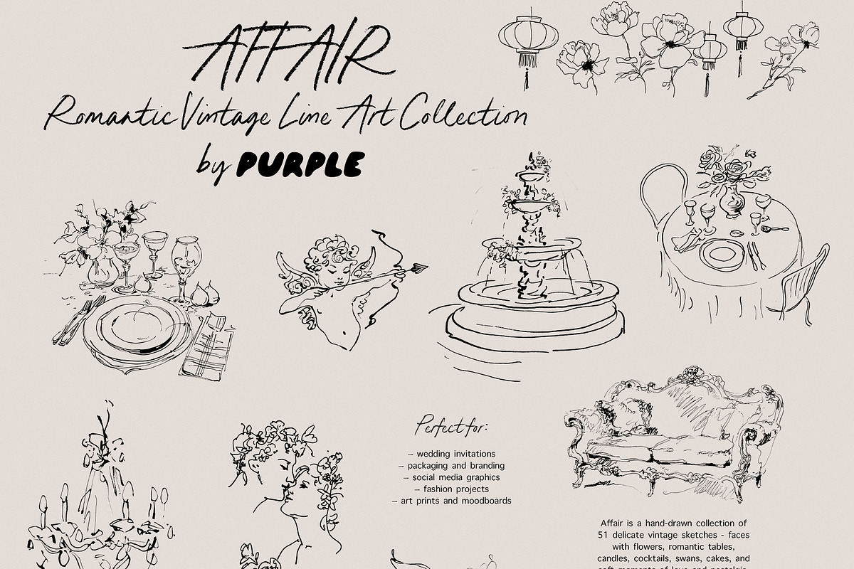 Affair: Romantic Vintage Line Art, a Decorative Illustration by Purple (Photo 9 of 13)