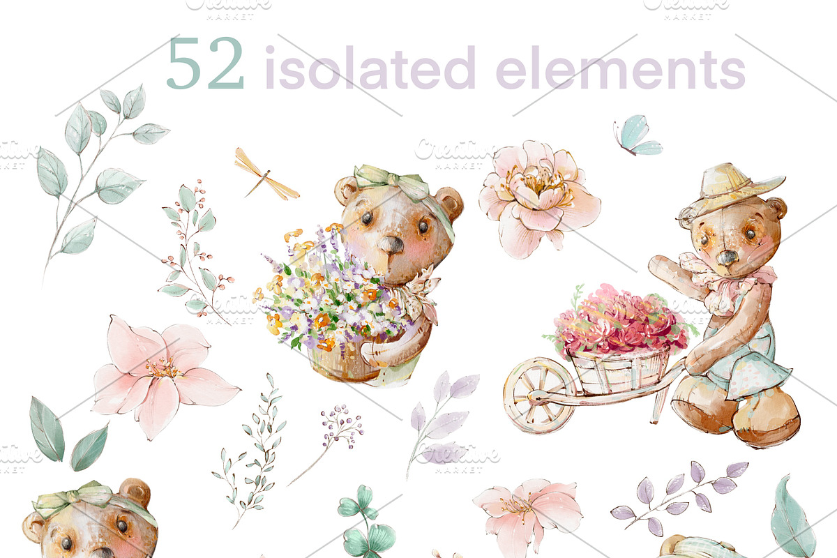 Watercolor Flowers spring teddy set, a Decorative Illustration by Edith’s World (Photo 3 of 8)