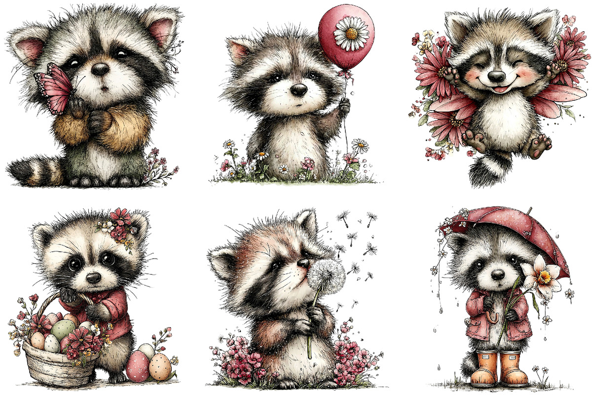Whimsical Spring Raccoon Clipart, an Illustration by Dream Creation (Photo 3 of 6)