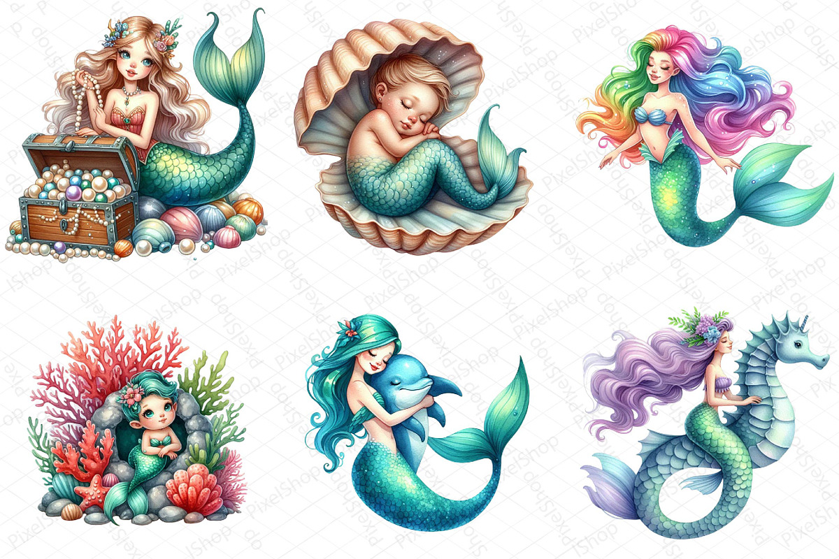 Cute Mermaid Watercolor Clipart, an Illustration by DreamPrint404 (Photo 2 of 3)