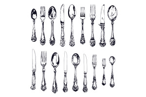 Engraved silver cutlery. Hand drawn, a Food Illustration by Stock-Smart-Start